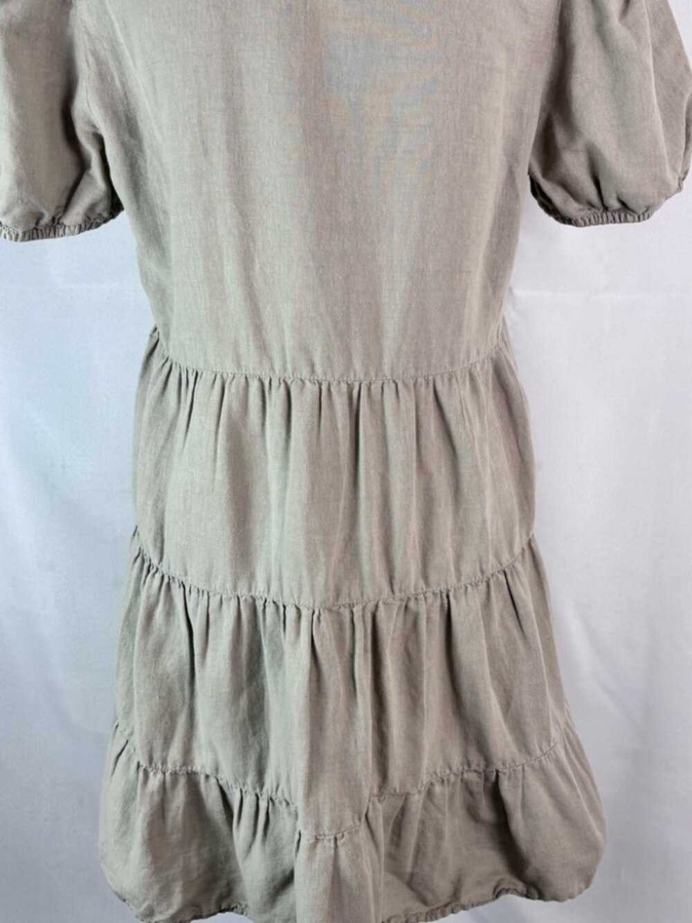 ZARA Linen Blend Tiered Babydoll Mini Dress Taupe Khaki Puff Sleeve Medium - Picture 6 of 9